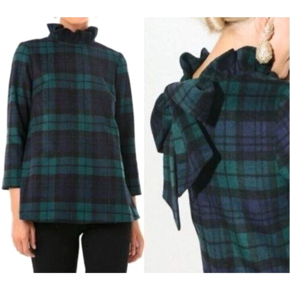 NWT Tuckernuck Blackwatch Plaid Faye Blouse Top‎ Ruffle Collar Wool Blend Sz XS